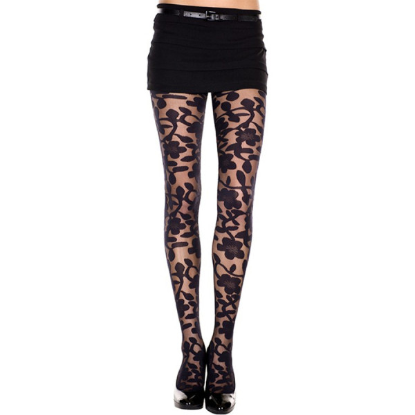 Collant noir imprimé floral 